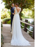 Short Sleeves Ivory Lace Chiffon Wedding Dress With Detachable Train